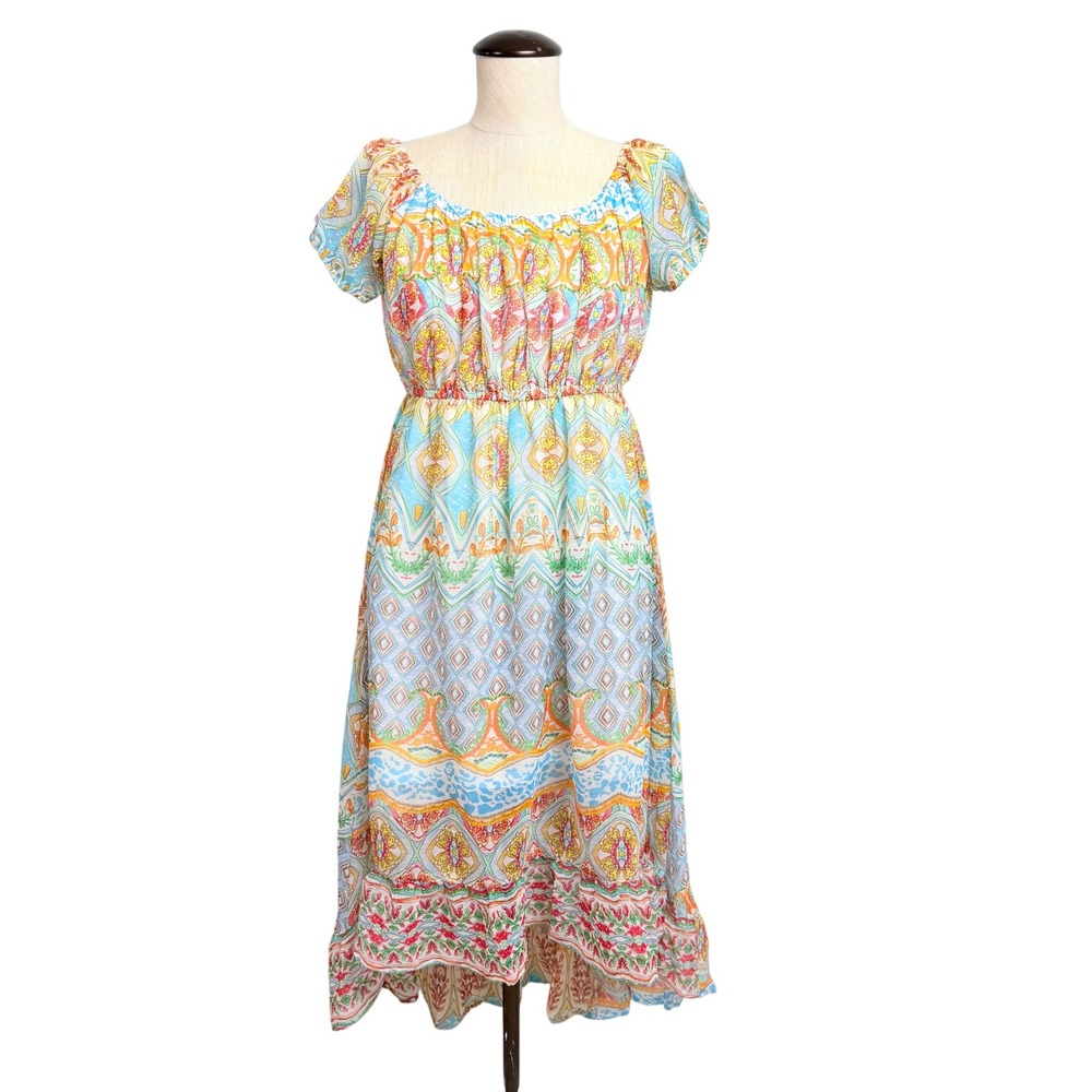 NWT Raga Womens Multicolor Geometric Paisley High Low Ruffle Midi Dress Size S